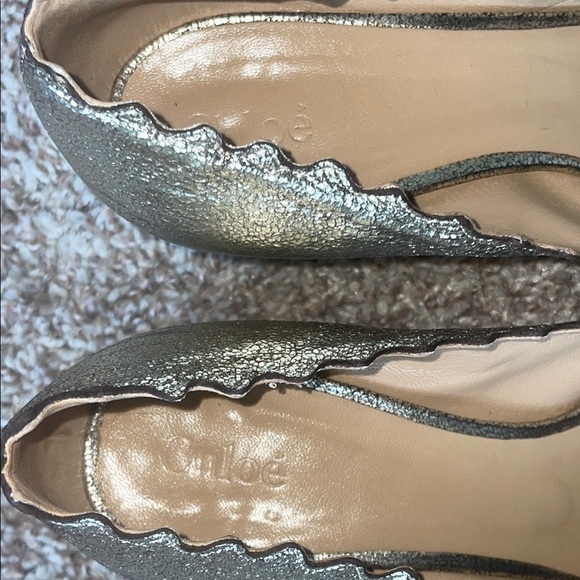 Chloe Gold Heels with Scalloped Edge and Rounded Toe - Picture 2 of 12